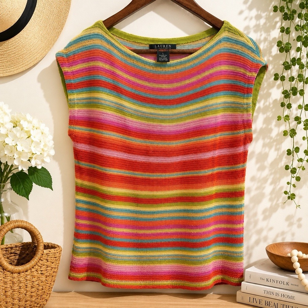 Lauren Ralph Lauren Linen Cotton Knit Top Large Multicolor Striped Cap Sleeve